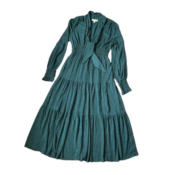 Ryegrass Deep V - Neck Ruffle Midi Dress Emerald Green. Size S - Picture 3 of 5